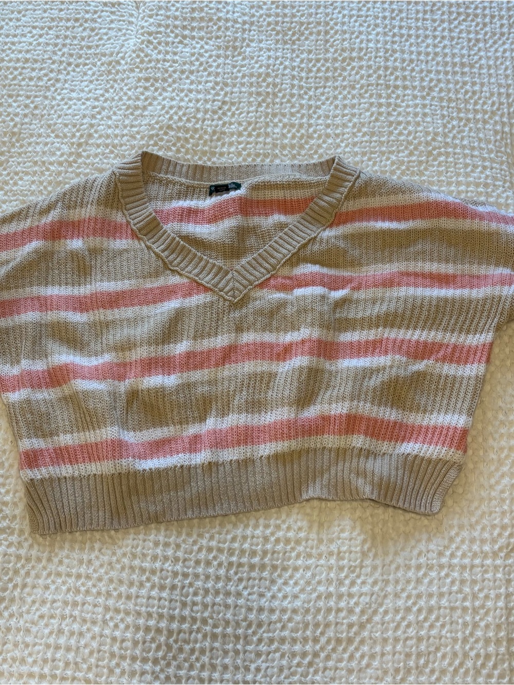 wild fable Beige, Pink and White Striped V-Neck Cropped Sweater